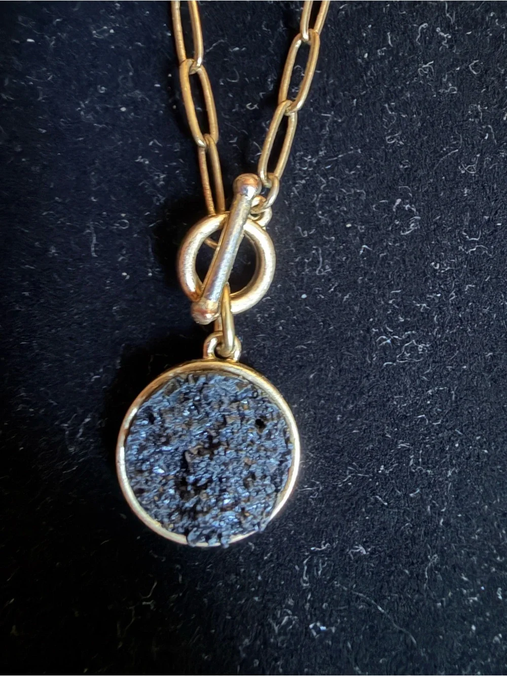 Gold Chain Necklace with Black Druzy Pendant
